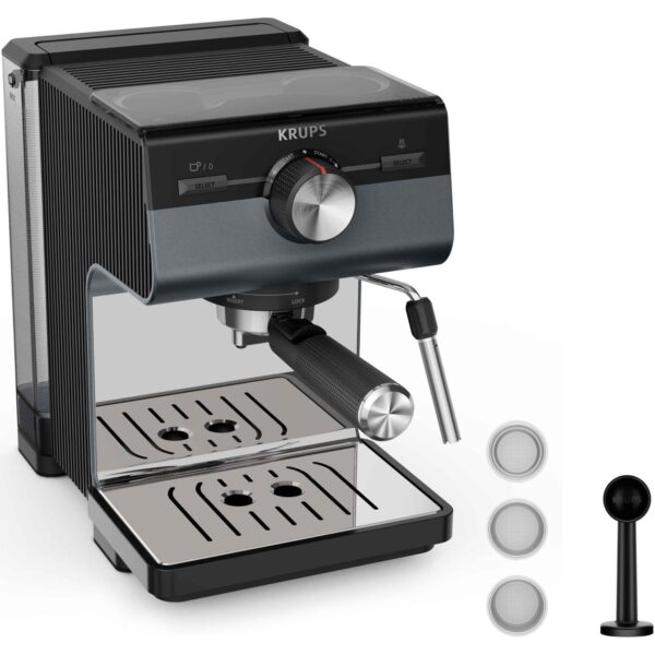 Espressor manual Krups Authentic+ C80 XP384G10, 15 bari, rezervor apa detasabil 2 L, duza spumare lapte, functie apa fierbinte, compatibilitate paduri ESE, oprire automata, negru